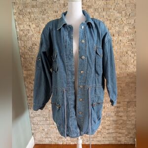 Vintage 90s QPS Denim Chore Utility Jacket 100% Cotton Drawstring Parka Sz L